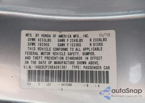 2014 Honda Accord Lx z USA, uszkodzony, nr VIN 1HGCR2F38EA081381